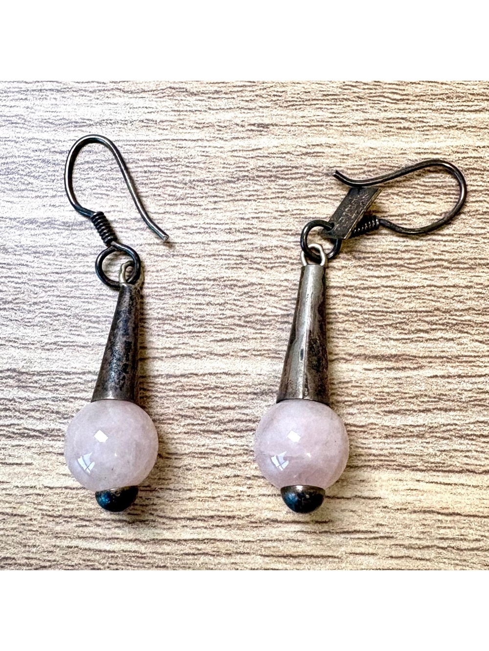 Taxco Mexico 925 Sterling Silver Rose Quartz Dangle Earrings Vintage Gift Idea